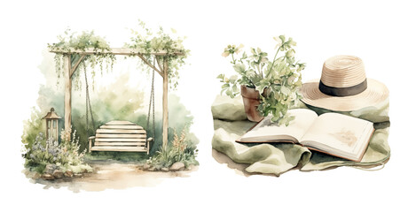 Watercolor illustration of a garden bench swing and open book