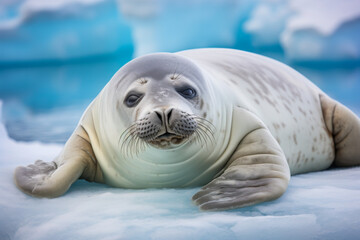 Fototapeta premium An Arctic seal rests peacefully on an ice floe amidst a serene glacial background, embodying the tranquility of its polar habitat.