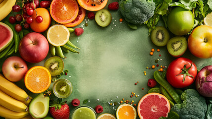 Fresh fruits and vegetables frame a green textured background with space for content