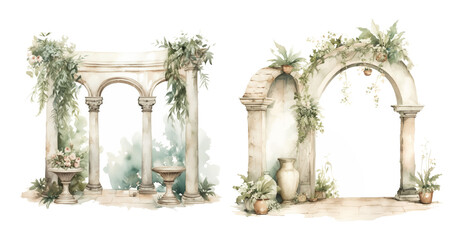 Watercolor archways with lush greenery - obrazy, fototapety, plakaty