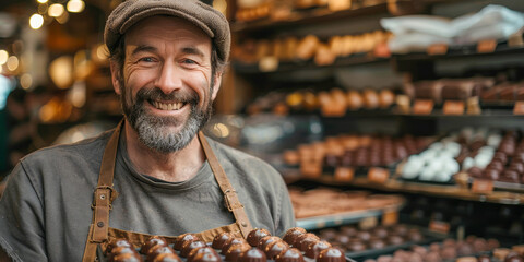 A man with a beaming smile is seen holding a box of chocolates in a store. The man appears to be a bearded chocolate artisan, showcasing his handmade chocolates to potential customers - obrazy, fototapety, plakaty