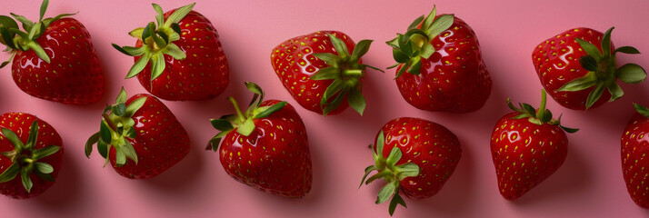 A flatlay photo featuring a vibrant arrangement of ripe strawberries on a bright pink background.