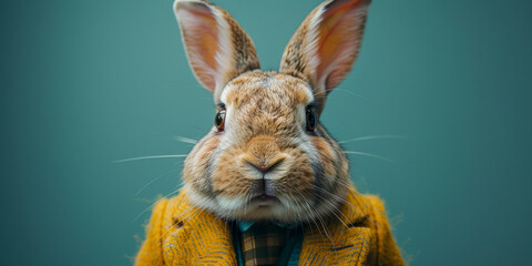 A rabbit is depicted wearing a formal suit and tie, exuding an air of sophistication and elegance. The rabbit appears poised and ready for a professional setting - obrazy, fototapety, plakaty