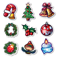 Set of various cute cartoon stickers for Christmas use on isolated white backgrounds.