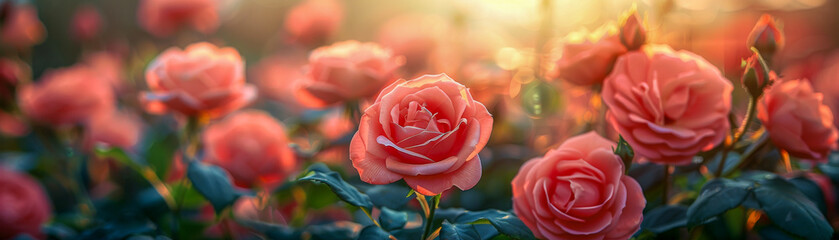 A bunch of pink roses is blooming in a sunlit greenhouse. The vibrant flowers are opening their...