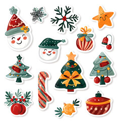 Set of various cute cartoon stickers for Christmas use on isolated white backgrounds.