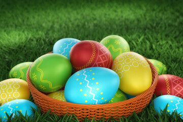 The wicker plate with Easter eggs in green grass. Colorful and decorated symbols of spring celebration. Selective focus, 3d render. - 755055131