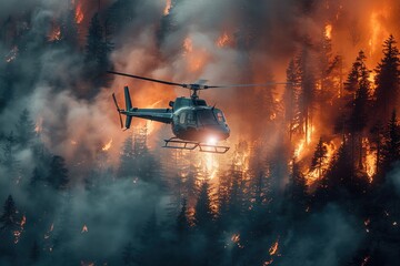 In a scene of urgency and valor, a fire-fighting helicopter swoops low over burning forests, dousing flames with water as it battles to contain the wildfire and protect the natural landscape