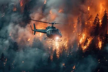 Photo sur Plexiglas Feu In a scene of urgency and valor, a fire-fighting helicopter swoops low over burning forests, dousing flames with water as it battles to contain the wildfire and protect the natural landscape