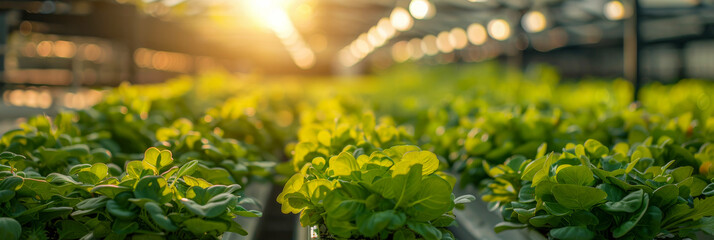 A field of lettuce is basking in the sunlight in the background. The vibrant green lettuce plants are neatly arranged in rows, soaking up the suns rays. - obrazy, fototapety, plakaty