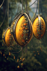 Golden Hanging Baubles with Intricate Patterns in Twilight Glow

