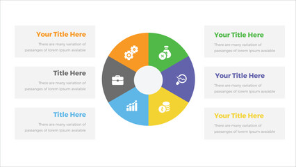 Percentage Pie Charts. Colorful pie chart collection with 6 sections or steps. Infographic Elements, pie chart with icon, business elements and statistics with numbers.