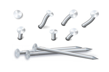 Nails hammered into wall steel straight and bent metal hardware spikes. Hobnails with grey caps top view isolated on transparent background. Vector