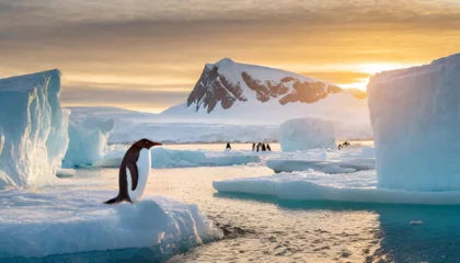 Zelfklevend Fotobehang Emperor penguin (Aptenodytes forsteri) colony with sunrise glistening off icebergs. © Bill