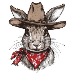 rabbit Head wearing wearing cowboy hat and bandana around neck