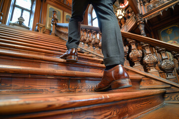 Polished brown leather shoes step confidently up a richly carved wooden staircase, embodying elegance and upward movement