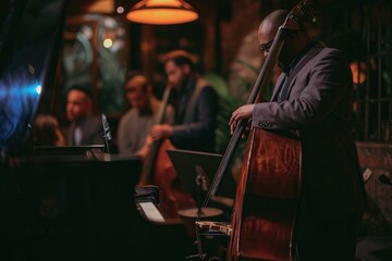 An evening jazz concert in a cozy club, musicians in deep concentration, audience immersed in the music. Resplendent. - obrazy, fototapety, plakaty