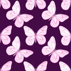 Fototapeta premium Watercolour Butterflies with pink wings illustration seamless pattern. Hand-painted elements insect. Hand drawn delicate insects. On purple background. For decoration, postcard, fabric, wrapping paper