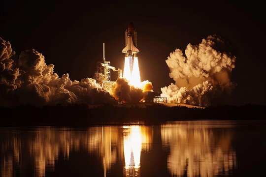 Space shuttle launch into the night Symbolizing exploration and innovation Majestic liftoff scene