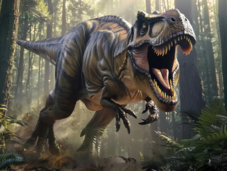 A ferocious Tyrannosaurus rex charges through a misty prehistoric forest, its roar piercing the silence of the Jurassic era.