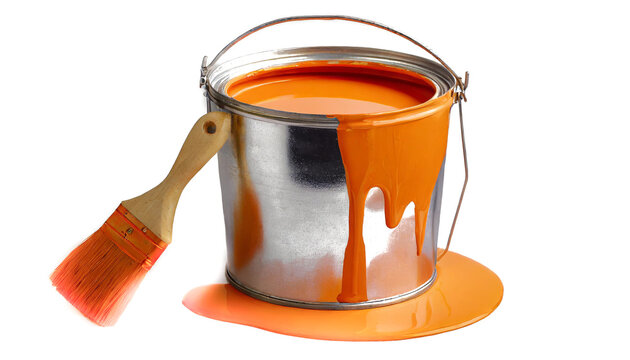 Paint bucket and Paint brush with orange paint isolated on white background, cropping
