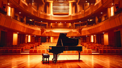 Grand Piano on Stage in Concert Hall.
