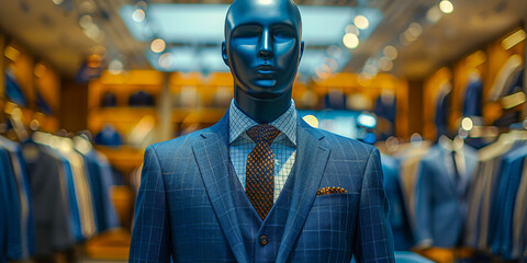 A mannequin is displayed in a store window, dressed in a fitted blue suit and tie. The formal attire showcases the style and sophistication of mens fashion - obrazy, fototapety, plakaty