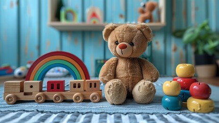 On a light blue background, you can see a teddy bear, wooden rainbow, train, and baby toys.