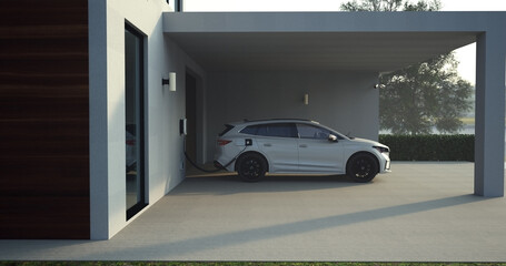 Home charging station provides an eco-friendly sustainable power supply for generic EV cars. Progressive concept for future green energy storage for electric vehicles.