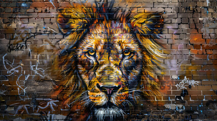 Portrait of a lion head on a brick wallgraffity