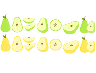 Collection of Green and yellow pear with leaf and seeds.Pear fruit pieces.Whole, slices and half cutted.Hand drawn.Sign, symbol, icon or logo isolated.Flat design.Graphic.Cartoon vector illustration.