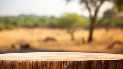 The empty wooden brown table top with blur background of Savanna Safari. Exuberant image....