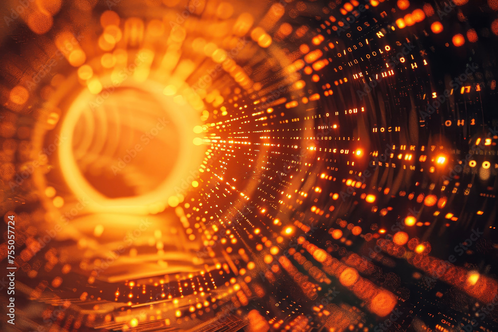 Poster a abstract background with a orange shade, a radial blur, a ascii code, and a retro font