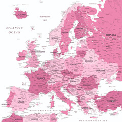Europe - Highly Detailed Vector Map of the Europe. Ideally for the Print Posters. Pink Rose White Colors - obrazy, fototapety, plakaty