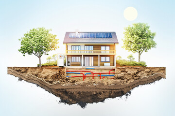 sustainable modern house building with solar panels and heat pump illustration - 755057956