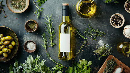 Overhead view of a bottle of olive oil surrounded by Mediterranean cooking ingredients on a dark textured surface