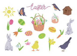 Big Easter set with traditional items and easter eggs. Spring concept. Sketchy hand drawn elements on white background. Ideal for decoration, stickers, greetings, banner and background