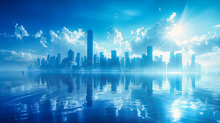 Urban Skyline with Modern Skyscrapers by the Water, Night City View with Reflections, Travel and...