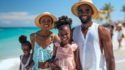 African American Family Enjoying a Sunny Day at the Beach, To showcase the beauty and happiness of an African American family enjoying their vacation