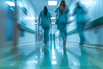 Long exposure of healthcare professionals in motion Hospital corridor Concept of dedication and care