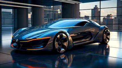Electric Blue Futuristic Car: Hyper-Realistic Scene with Cutting-Edge Design created with Generative AI technology