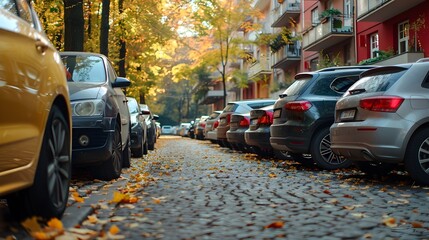 Autumn-themed Street with Parked Cars, To convey the concept of urban life and nature co-existing...