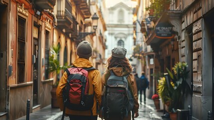 Backpackers Exploring Colorful Spanish City Streets, To depict the adventure and cultural experience of backpacking in Spain, appealing to travelers