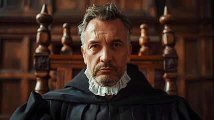 Baroque-Inspired Judge Portrait, This image can be used to convey a sense of justice, law, and courtroom drama in various contexts such as - obrazy, fototapety, plakaty