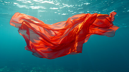 Obraz na płótnie Canvas Submerged Elegance: Red Fabric Floating Underwater, created with Generative AI technology