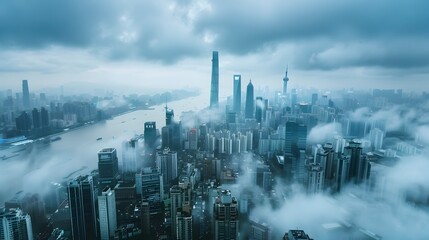 Cloudy Shanghai Cityscape, To convey a sense of urban realism and atmosphere in a city under a cloudy sky - obrazy, fototapety, plakaty