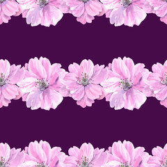 Watercolour Sakura spring flowers illustration seamless pattern. Seasonal Cherry blossom. Hand-painted. Botanical Floral elements. On purple stripe background. For print decoration, fabric, wrapping.