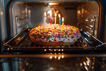 A cake decorating in the oven with frosting, sprinkles and candles