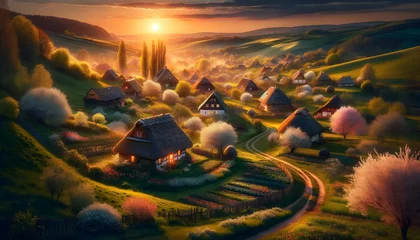 Foto op Canvas Le printemps embellit le paysage de la petite ville, peignant un fond de couleurs vives. Au coucher de soleil, la beauté du ciel s'étend, enveloppant la campagne d'une aura magique. © Sébastien