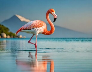Fototapeta premium Flamingo im Wasser: Ein Einblick in die Lebenswelt der Flamingos, die in seichten Gewässern nach Nahrung suchen.